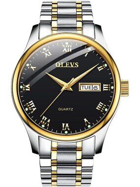 Mens Silver Black Stainless Steel Luminous Quartz Waterproof Round Classic Watch